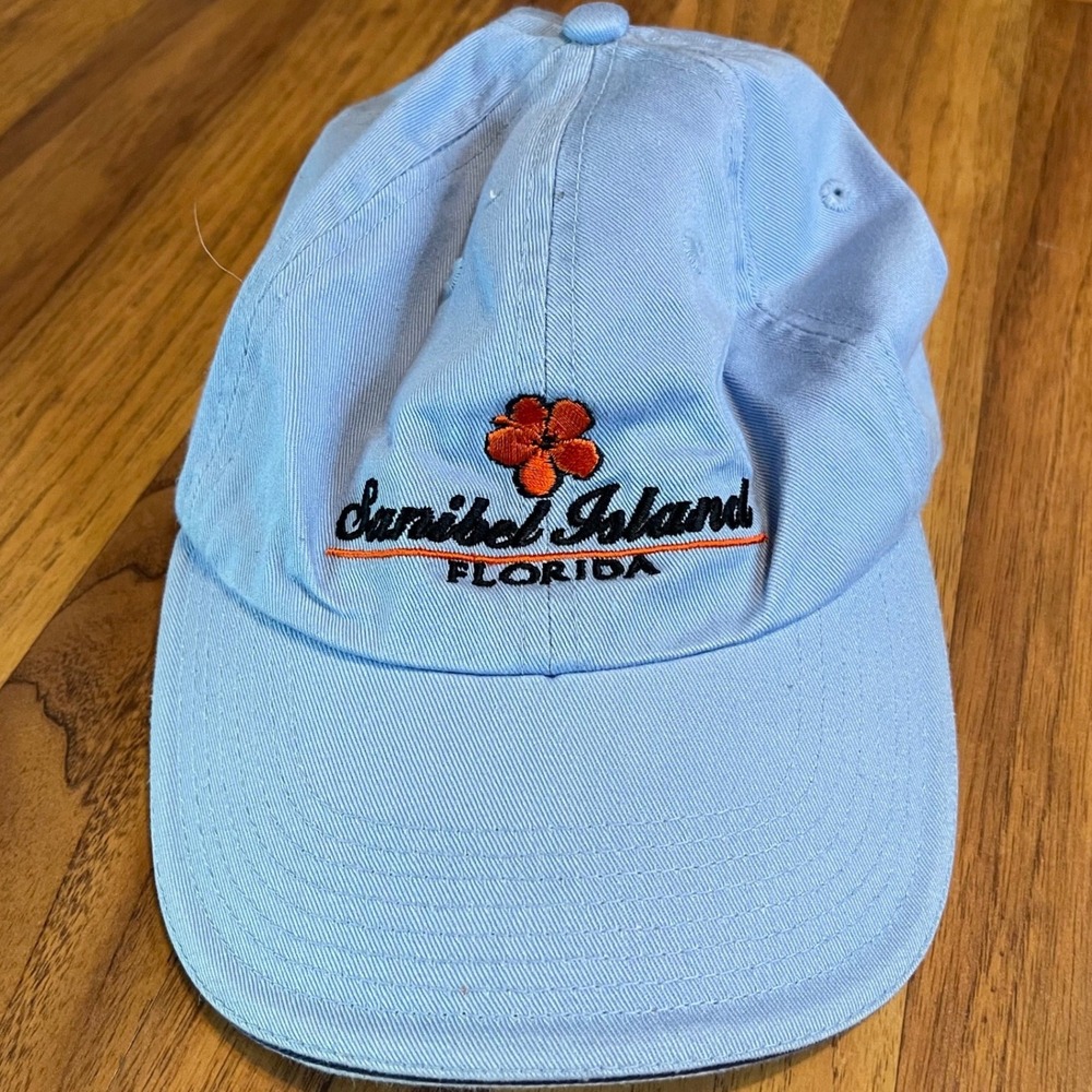 Perrin Sanibel Island Florida Hat Adult OSFA Blue Cotton Embroidered Hibiscus